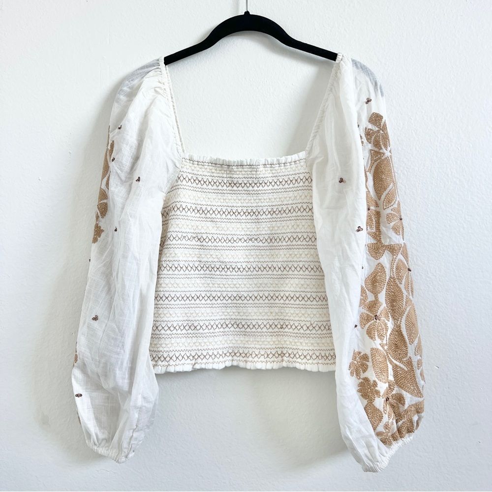 Anthropologie White Peasant Blouse with Tan Embroidered Sleeves - Picture 7 of 11
